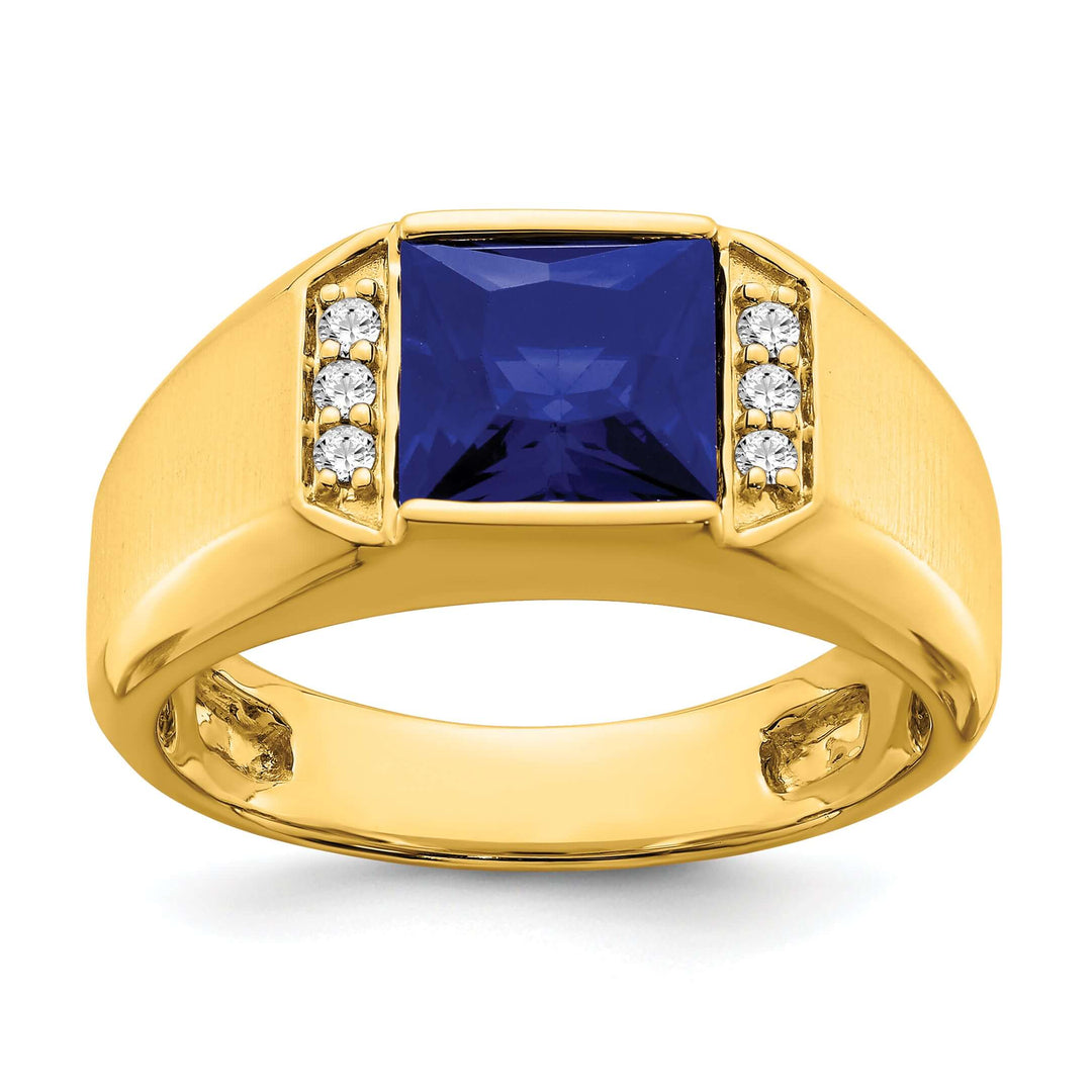 Lovely Rita's Men's Gemstones & Diamond Rings 14k Yellow Gold Square Created Sapphire and Diamond Mens Ring