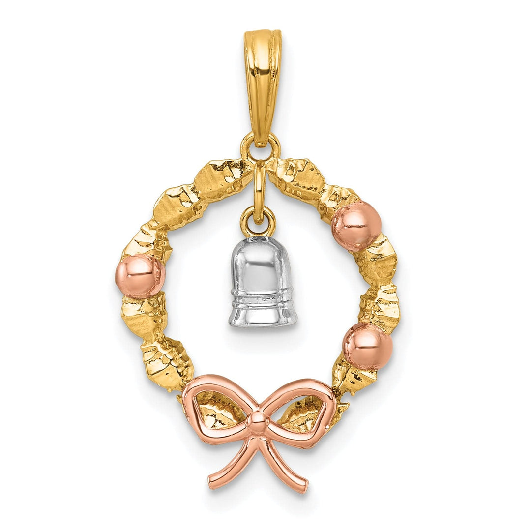 Lovely Rita's Pendants & Charms 14k Two-tone Gold, Rose-plating Wreath With Dangle Bell Charm Pendant