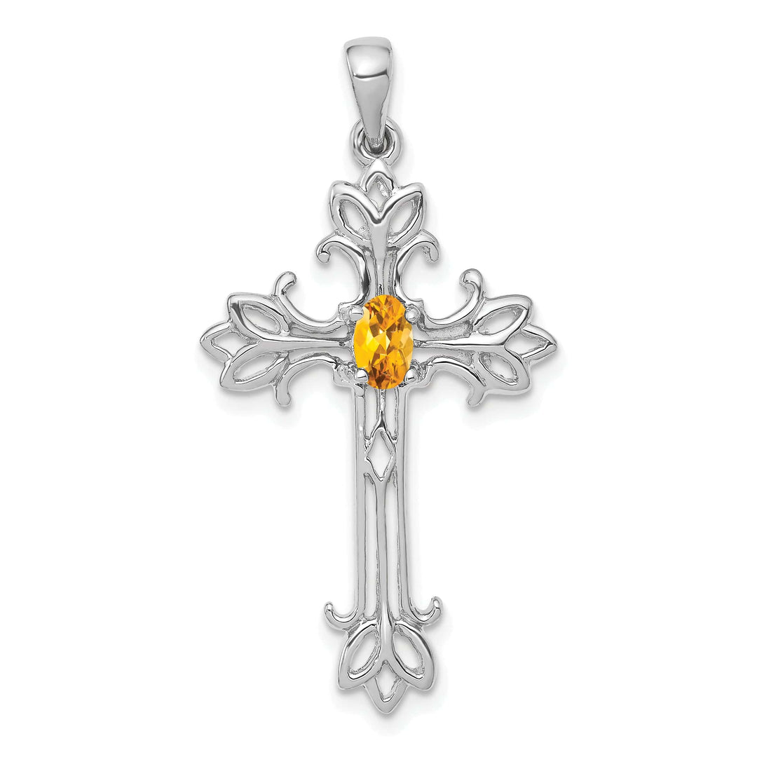 Lovely Rita's Pendants & Charms 14k White Gold Oval Citrine Stone Detailed Cross Pendant
