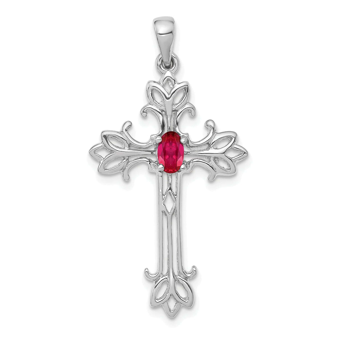 Lovely Rita's Pendants & Charms 14k White Gold Oval Stone Ruby Design Cross Pendant