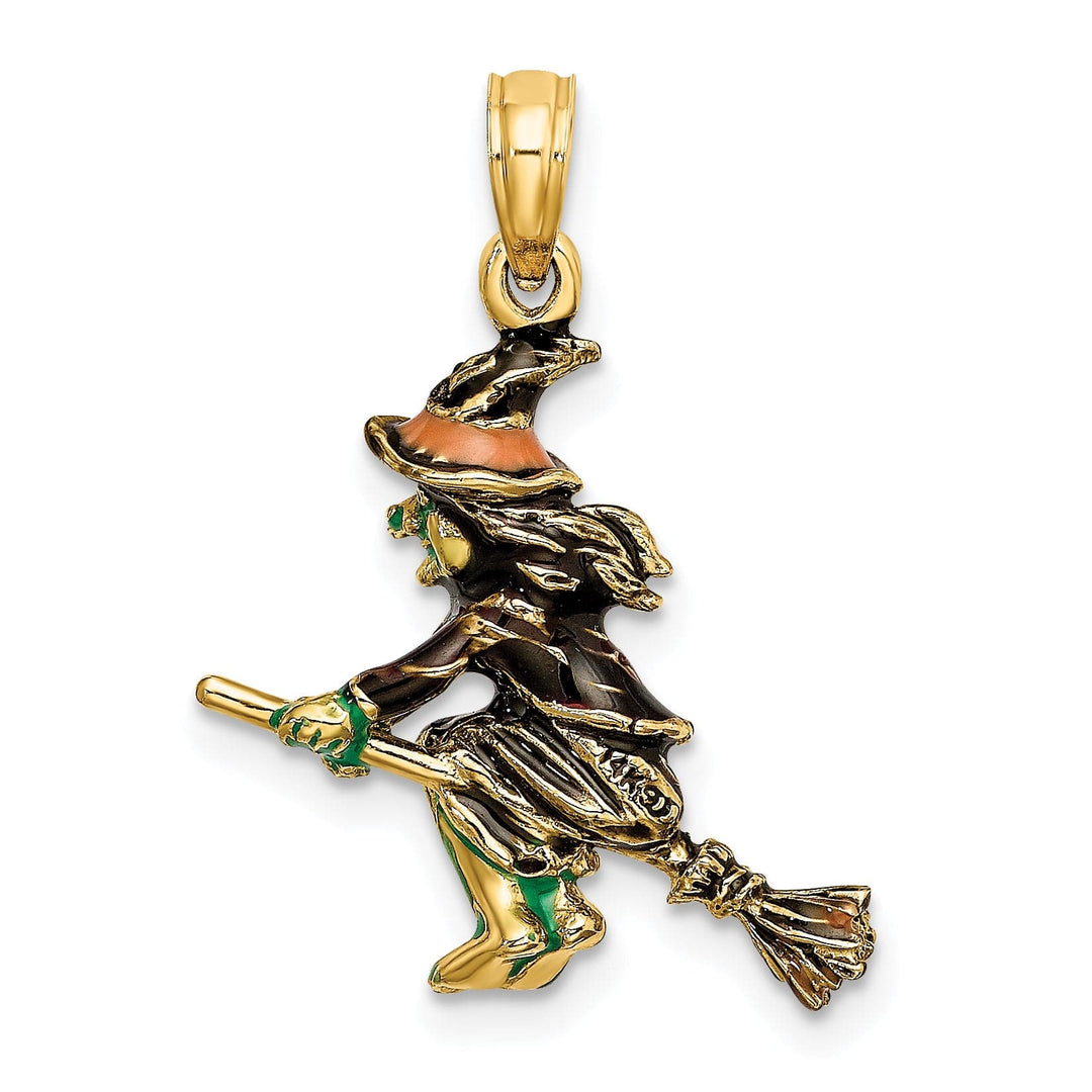 Lovely Rita's Pendants & Charms 14K Yellow Gold 3-D Enameled Witch Flying on Broom Charm