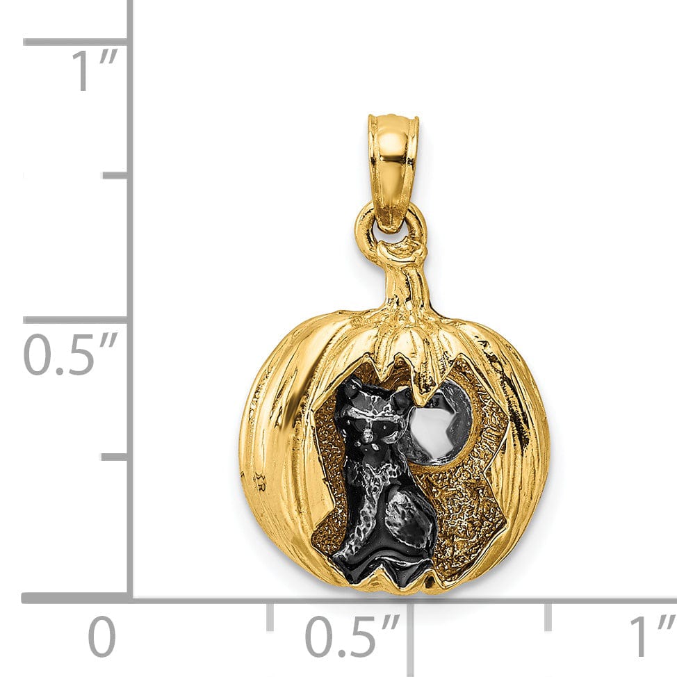 Lovely Rita's Pendants & Charms 14k Yellow Gold  3-D Jack-o-Lantern with Black Cat and Moon Charm Pendant