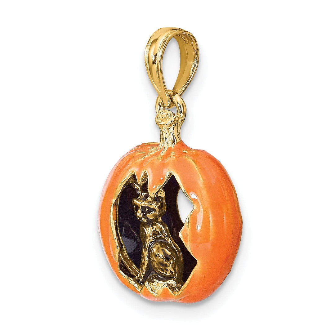 Lovely Rita's Pendants & Charms 14K Yellow Gold 3-D Jack-o-Lantern with Black Cat Moon Charm Pendant