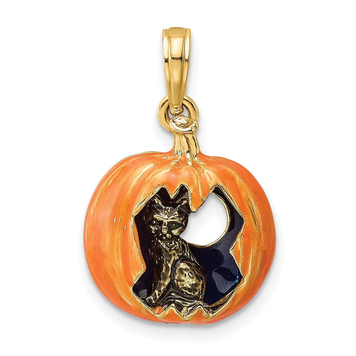 Lovely Rita's Pendants & Charms 14K Yellow Gold 3-D Jack-o-Lantern with Black Cat Moon Charm Pendant