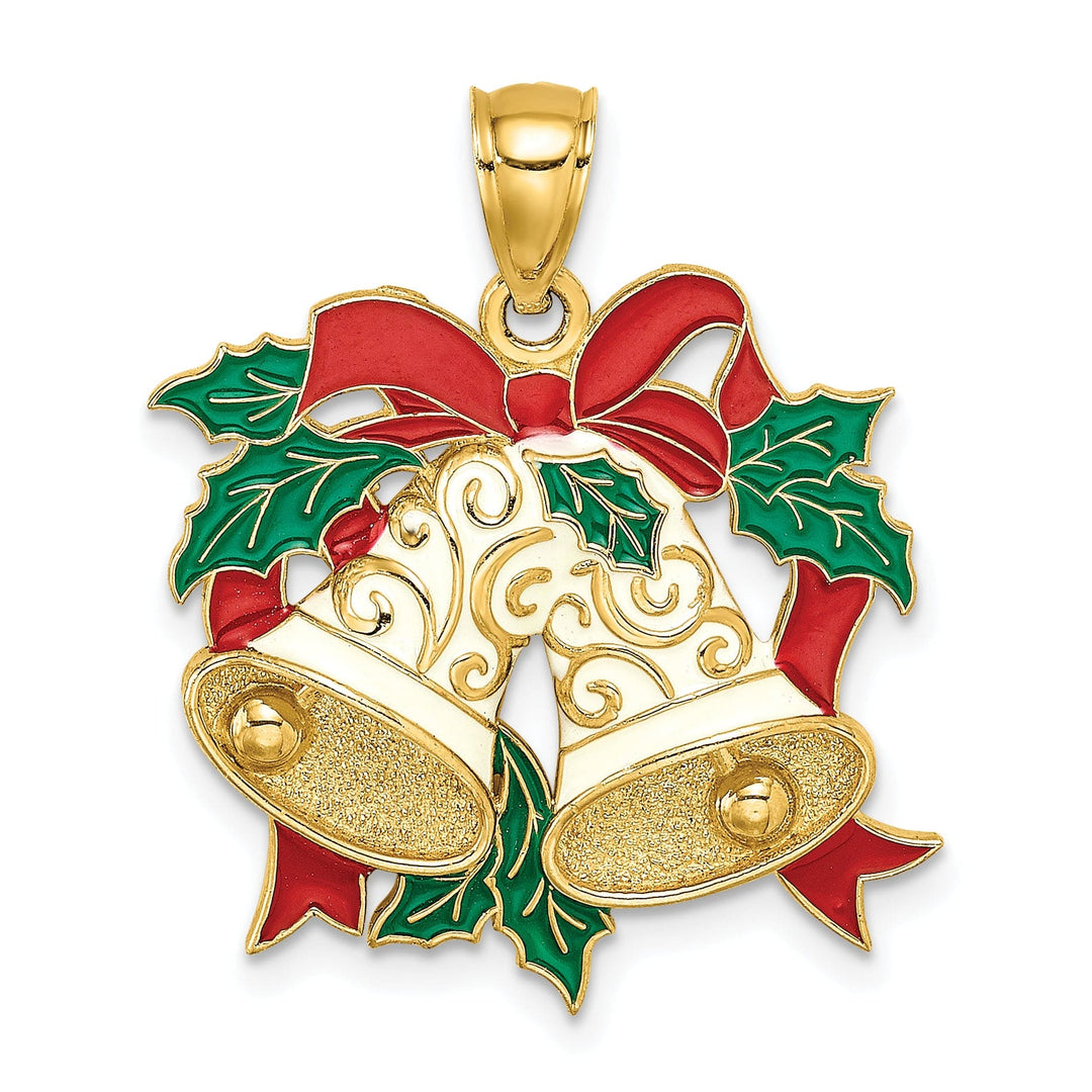 Lovely Rita's Pendants & Charms 14K Yellow Gold Enamel Holiday Bells and Holly Charm Pendant