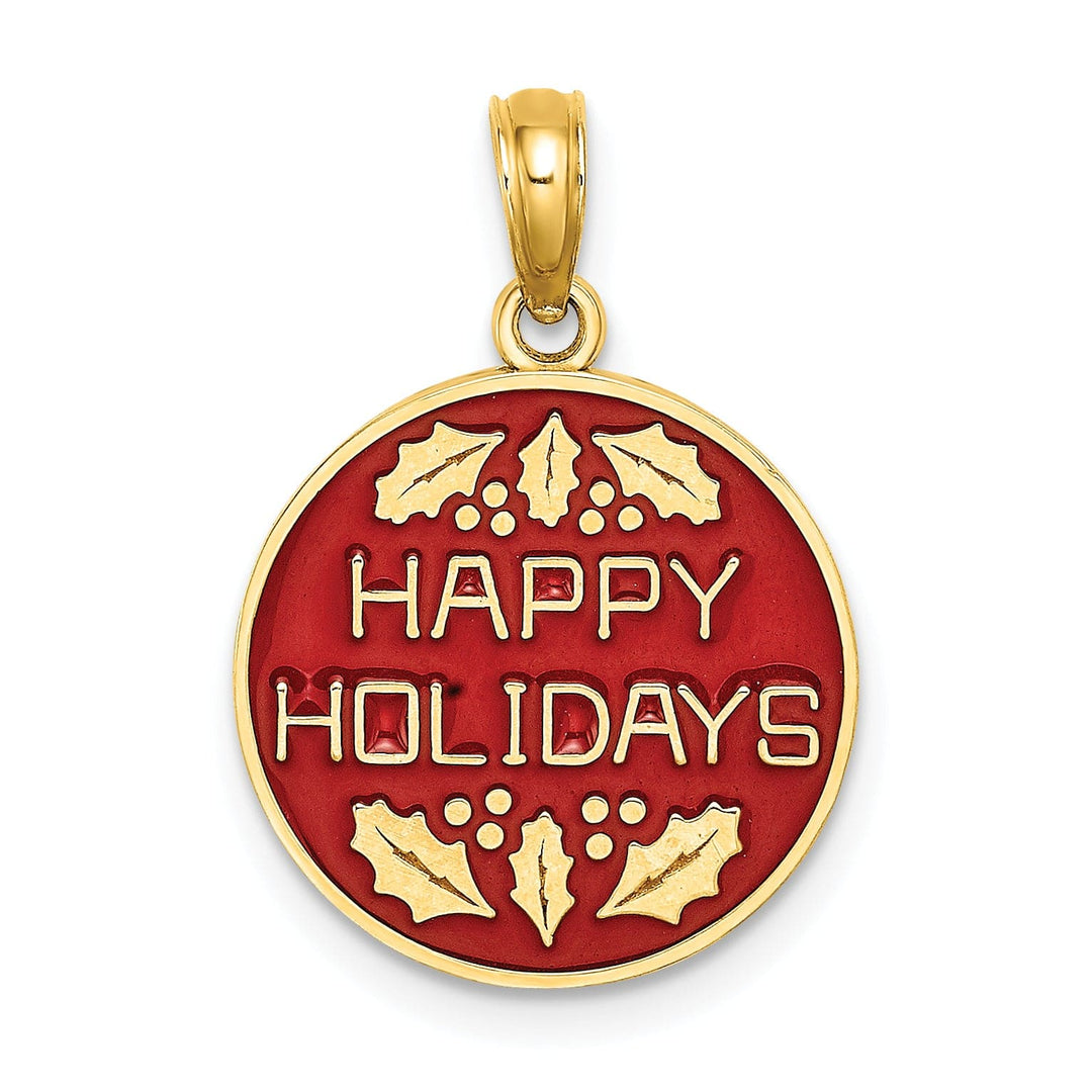 Lovely Rita's Pendants & Charms 14K Yellow Gold Enameled HAPPY HOLIDAYS with Holly Disc Charm Pendant