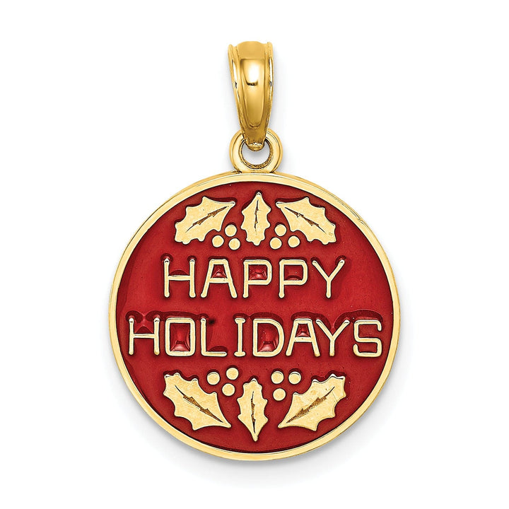 Lovely Rita's Pendants & Charms 14K Yellow Gold Enameled HAPPY HOLIDAYS with Holly Disc Charm Pendant