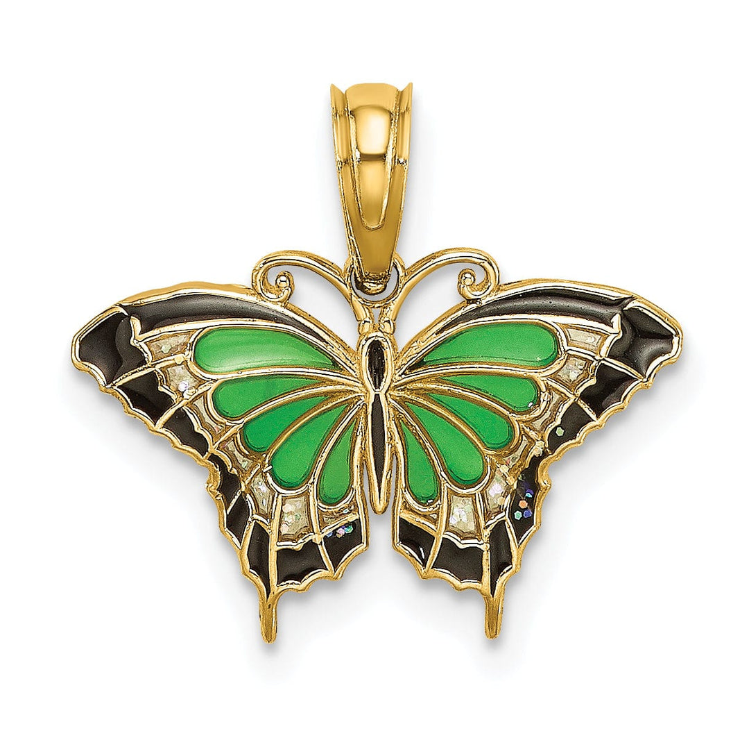 Lovely Rita's Pendants & Charms 14K Yellow Gold Green, Black Enameled Butterfly Charm Pendant