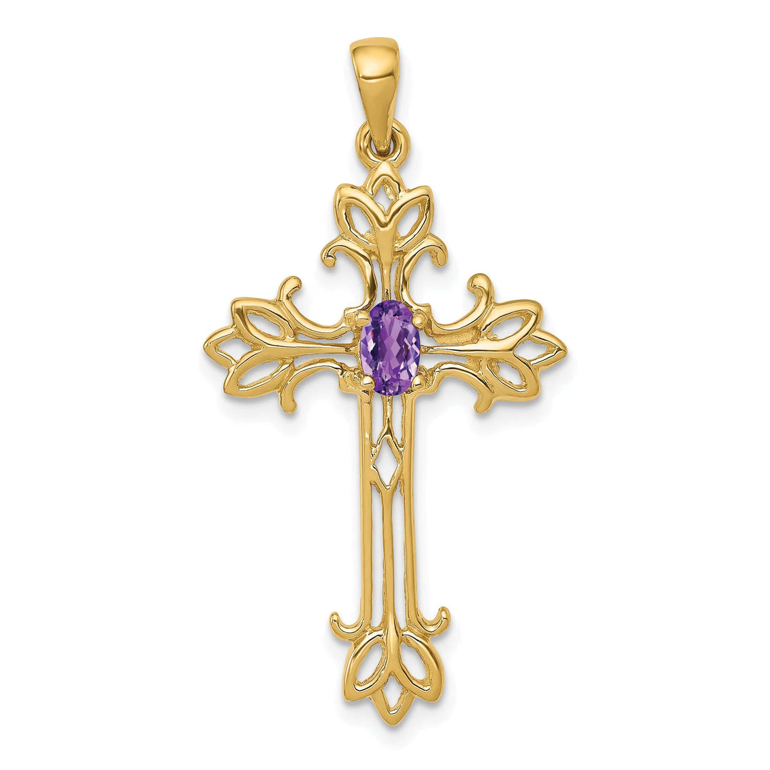 Lovely Rita's Pendants & Charms 14k Yellow Gold Oval Shape Amethyst Stone Cross Pendant