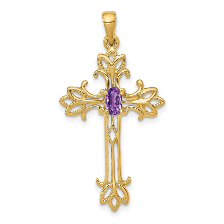 Lovely Rita's Pendants & Charms 14k Yellow Gold Oval Shape Amethyst Stone Cross Pendant