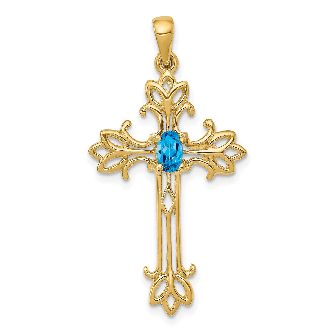 Lovely Rita's Pendants & Charms 14k Yellow Gold Oval Shape Blue Topaz Stone Cross Pendant