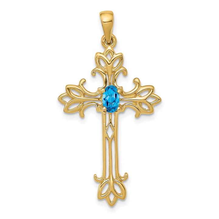 Lovely Rita's Pendants & Charms 14k Yellow Gold Oval Shape Blue Topaz Stone Cross Pendant