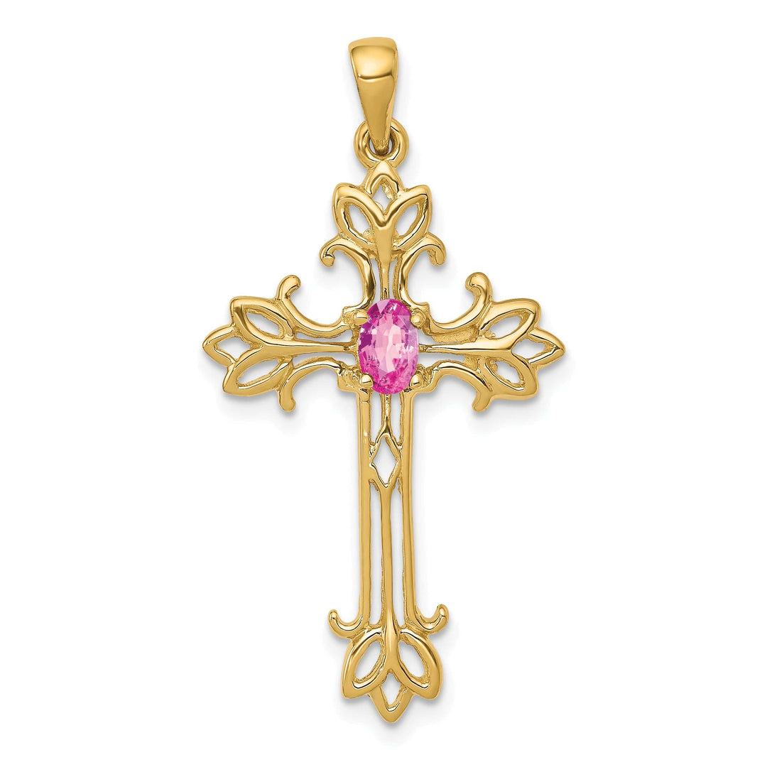 Lovely Rita's Pendants & Charms 14k Yellow Gold Oval Shape Pink Sapphire Stone Cross Pendant