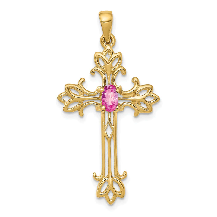 Lovely Rita's Pendants & Charms 14k Yellow Gold Oval Shape Pink Sapphire Stone Cross Pendant
