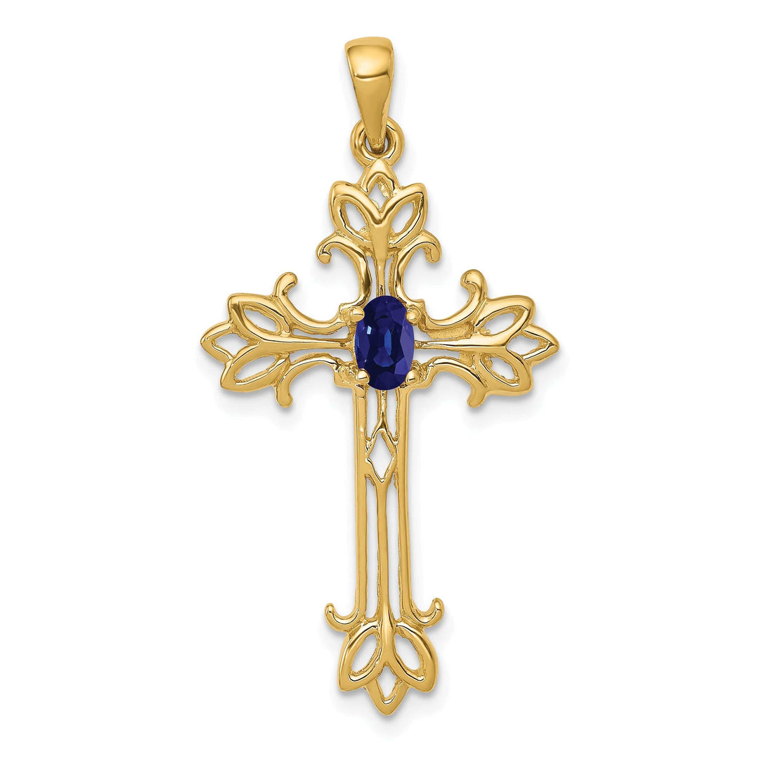 Lovely Rita's Pendants & Charms 14k Yellow Gold Oval Shape Sapphire Stone Cross Pendant