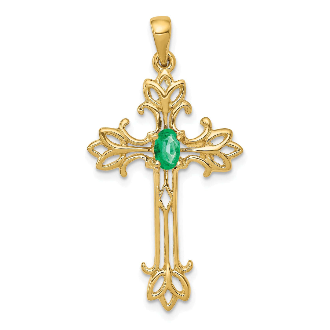 Lovely Rita's Pendants & Charms 14k Yellow Gold Oval Stone Emerald Cross Design Pendant