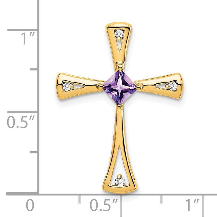 Lovely Rita's Pendants & Charms 14k Yellow Gold Square Amethyst & Diamond Cross Chain Slide