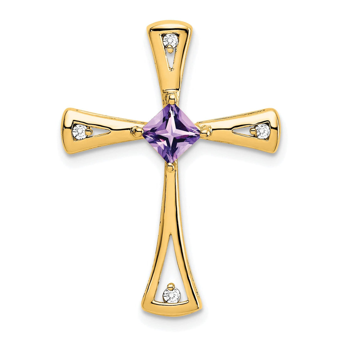 Lovely Rita's Pendants & Charms 14k Yellow Gold Square Amethyst & Diamond Cross Chain Slide
