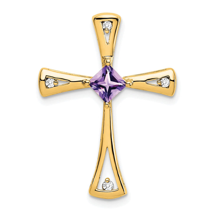 Lovely Rita's Pendants & Charms 14k Yellow Gold Square Amethyst & Diamond Cross Chain Slide