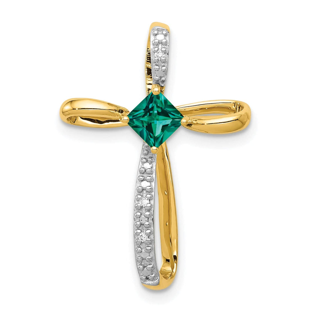 Lovely Rita's Pendants & Charms 14k Yellow, White Gold Square Lab Emerald & Diamond Cross Omega Slide
