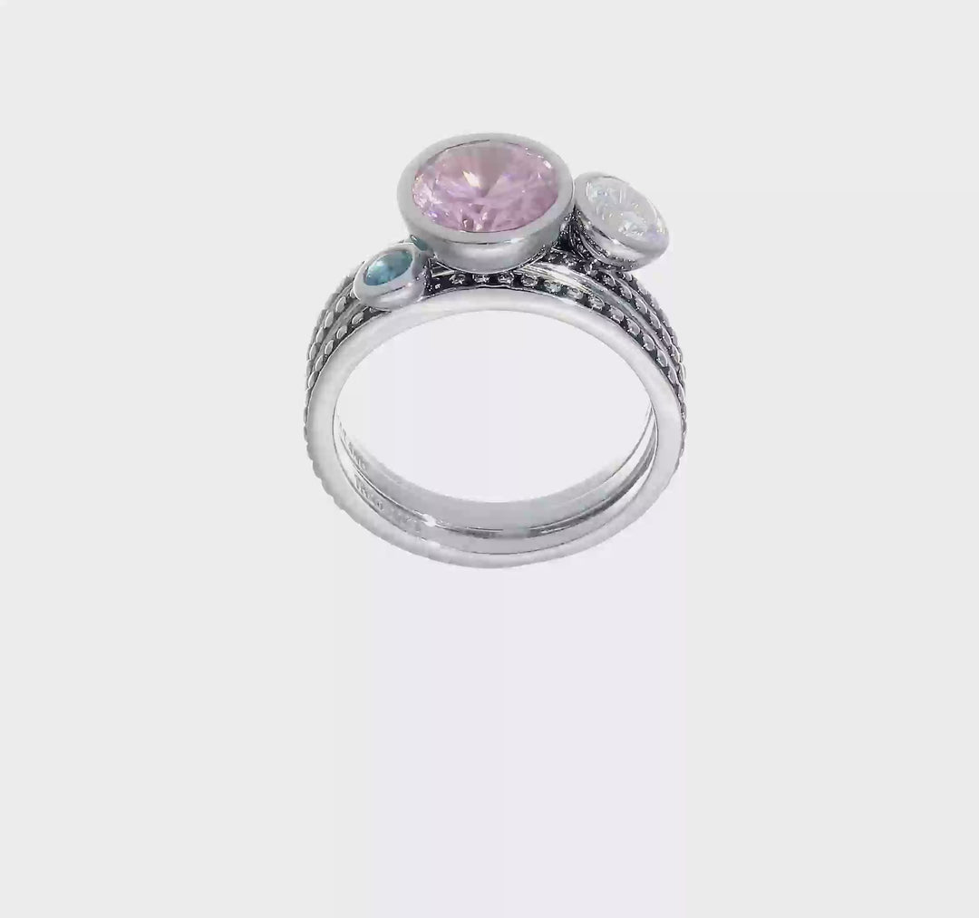 Sterling Silver with Pink & White CZ and Blue Glass Ring Set, view 8 of 8