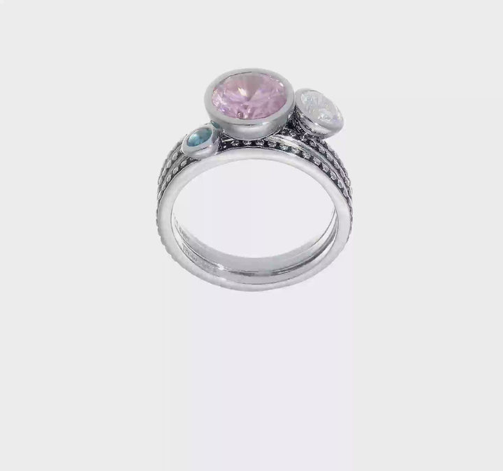 Sterling Silver with Pink & White CZ and Blue Glass Ring Set, view 8 of 8