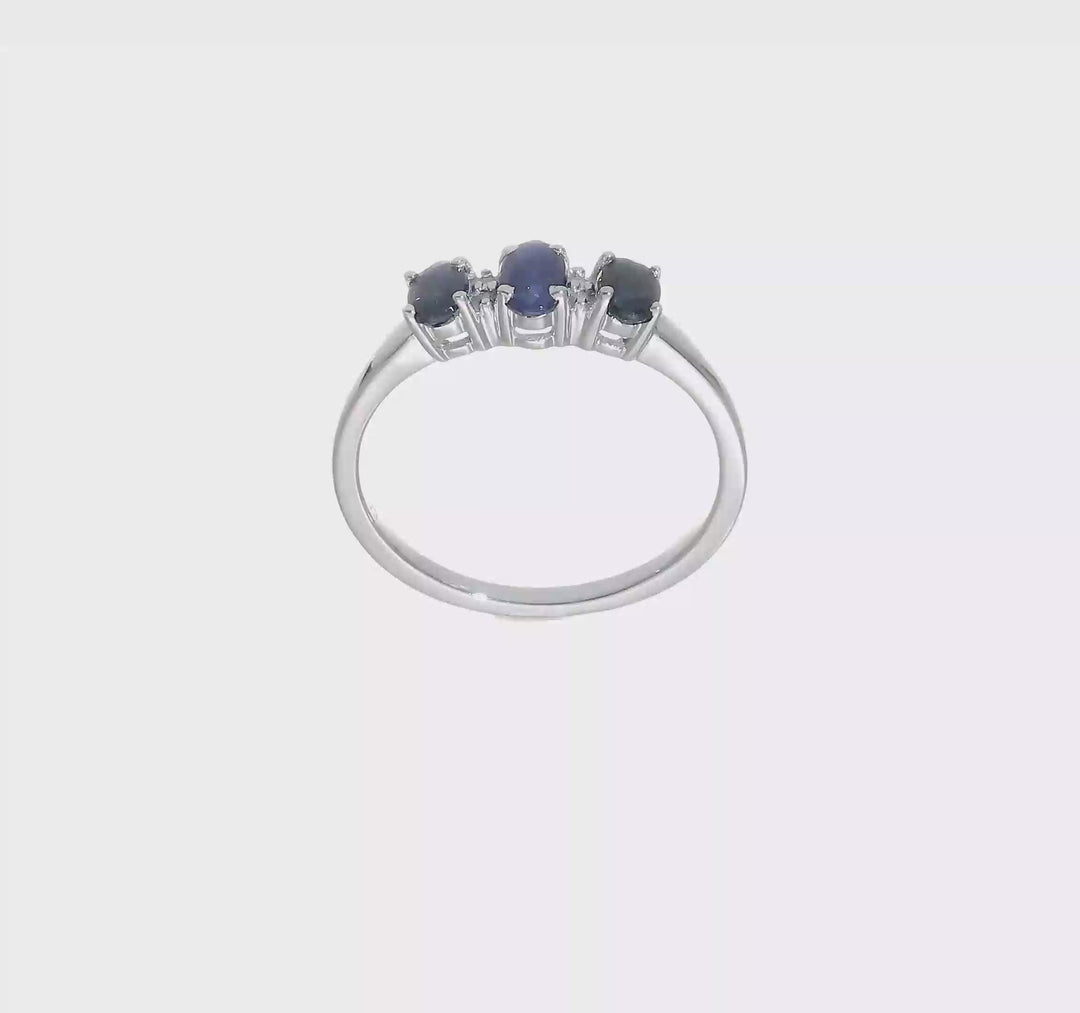 Sterling Silver 3 Oval Sapphire & Diamond Ring, video