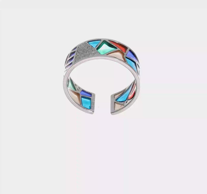 Sterling Silver Abstract Multi-color Enamel & CZ Cuff Ring, view 7 of 7
