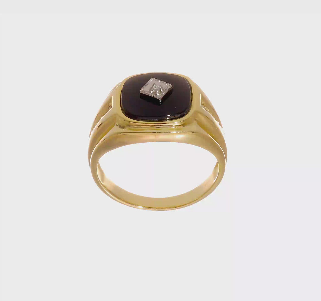 14k Yellow Gold 5.92 g Cushion Onyx and SI2/SI3 Diamond Men's Ring, view 7 of 7