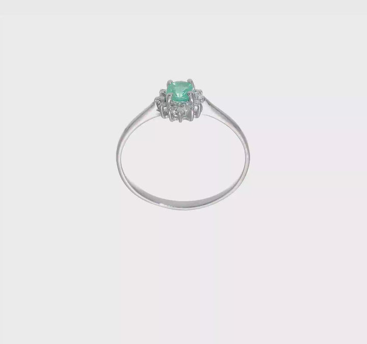 Sterling Silver Round Emerald & Diamond Ring, video