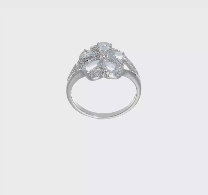 Sterling Silver Pear Aquamarine Diamond Ring, video