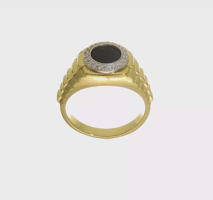 14k Two-Tone Gold IB Goodman Round Onyx and Diamond Halo Men's Ring, view 8 of 8