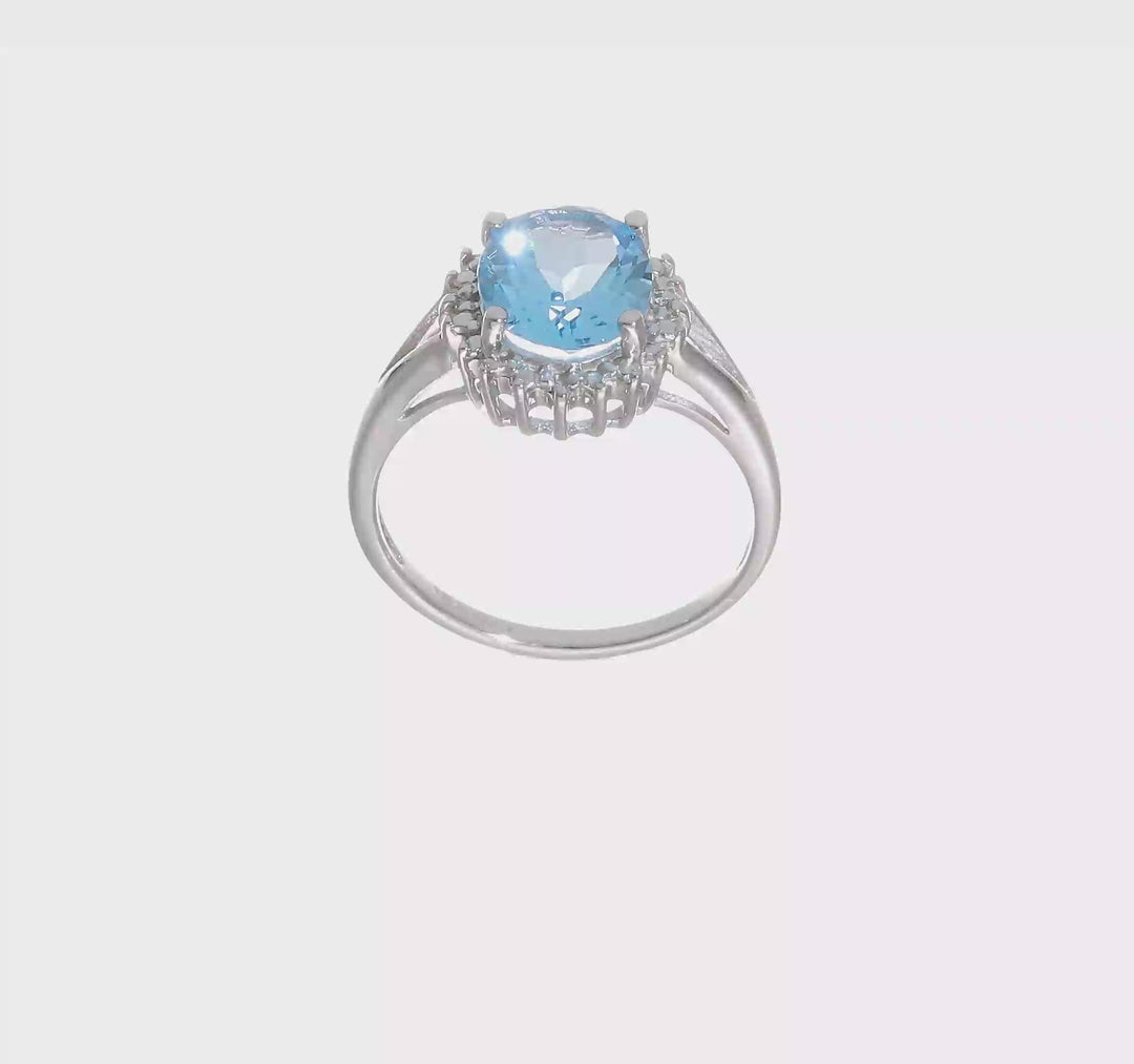 Sterling Silver Oval Light Swiss Blue Topaz & Diamond Ring, video