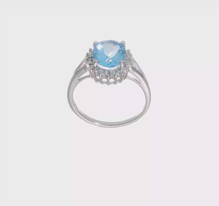 Sterling Silver Oval Light Swiss Blue Topaz & Diamond Ring, video