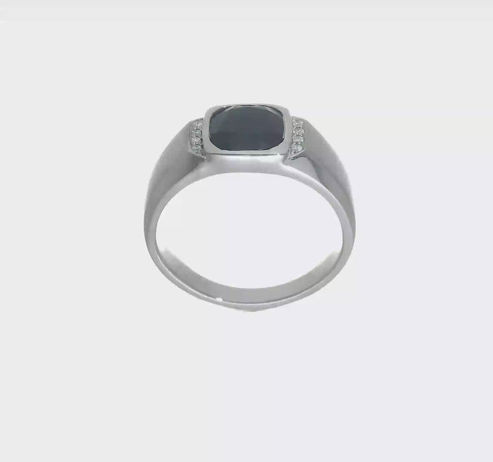 14k White Gold 2.8 mm IB Goodman 8 mm Cushion Onyx Diamond Men's Ring, view 8 of 8