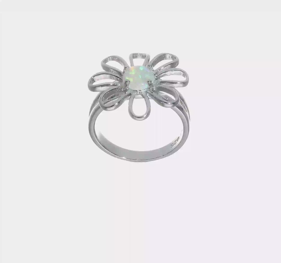 Sterling Silver Lab Created Opal Flower Ring, view 7 of 7