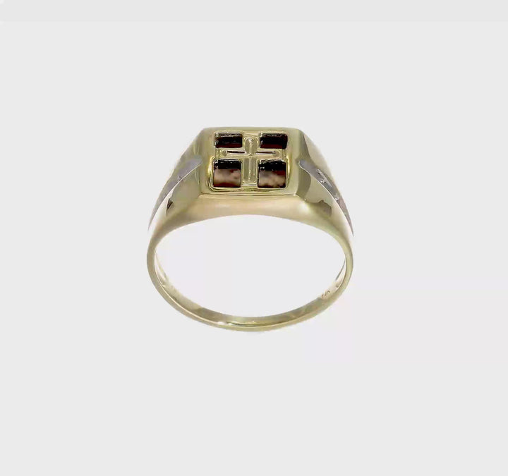 14k Yellow Gold IB Goodman Square Onyx and Diamond Cross Men's Ring