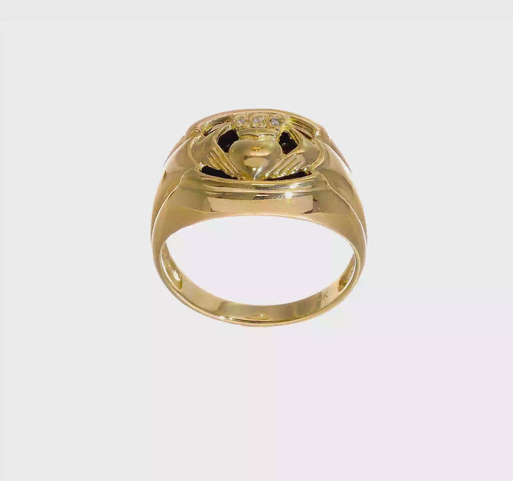 14k Yellow Gold Men's I1 Diamond and Onyx Claddagh Ring, view 7 of 7