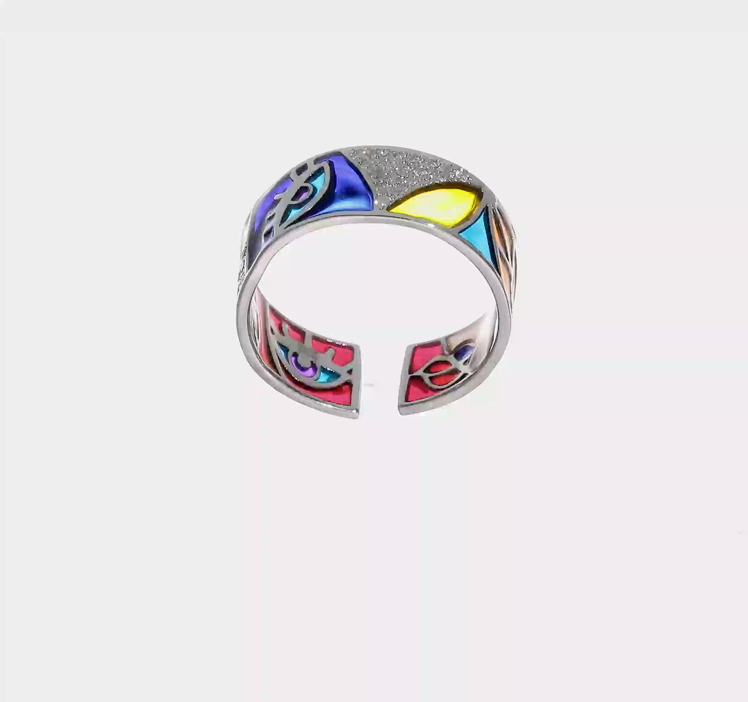 Sterling Silver Abstract Multi-color Enamel & CZ Cuff Ring, view 7 of 7