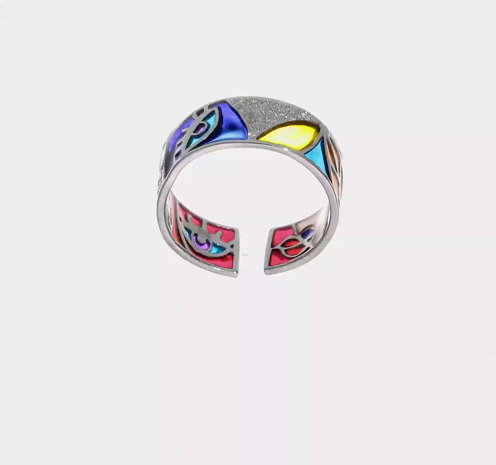 Sterling Silver Abstract Multi-color Enamel & CZ Cuff Ring, view 7 of 7
