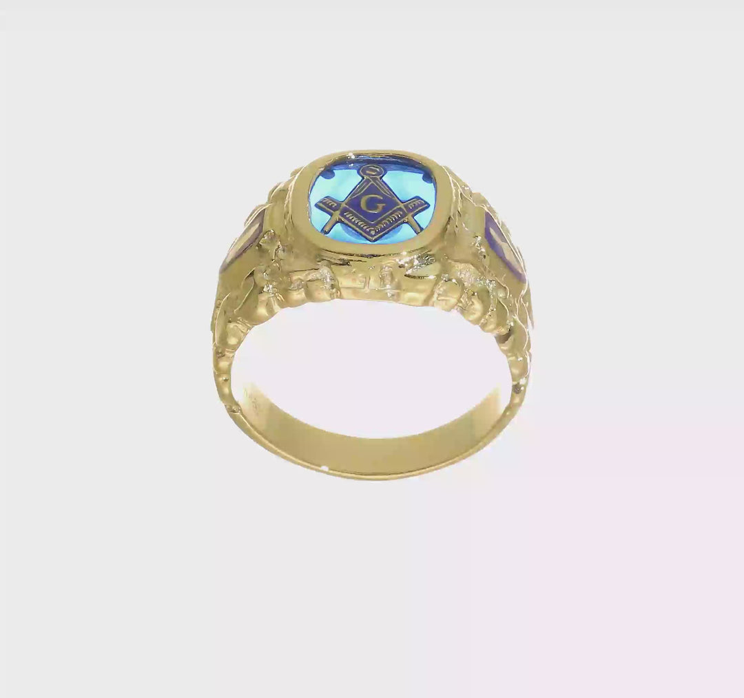 14k Yellow Gold IB Goodman with Blue Enamel Men's Blue Lodge Ring, view 8 of 8