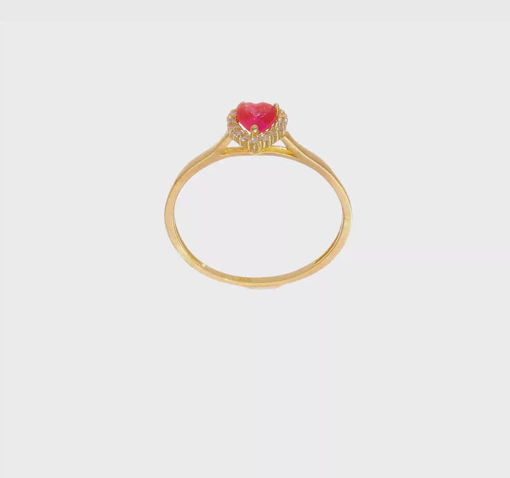 14k Yellow Gold Pink and Clear CZ Halo Heart Ring, view 6 of 6