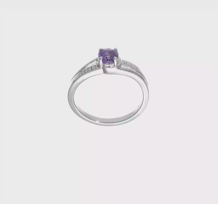 Sterling Silver Diamond and Amethyst Round Ring, video
