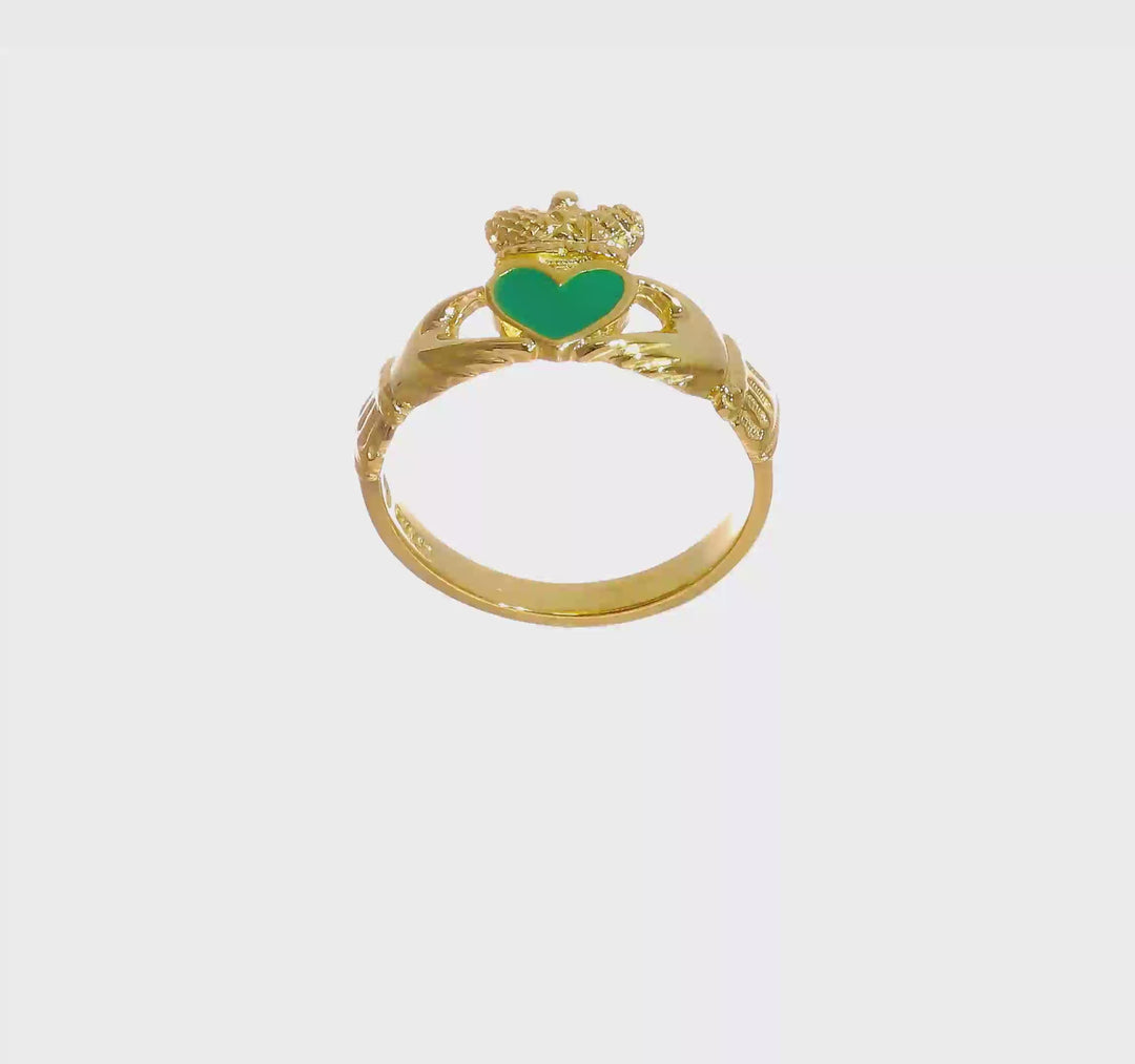 14k Yellow Gold Green Enamel Claddagh Ring, view 7 of 7