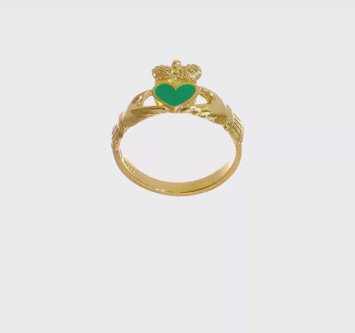 14k Yellow Gold Green Enamel Claddagh Ring, view 7 of 7