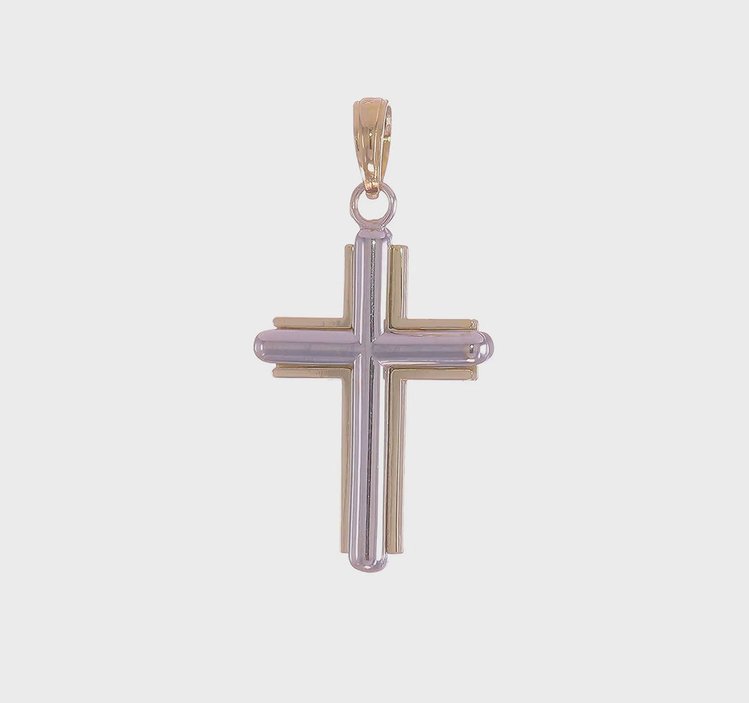 10K Two-Tone Gold Solid Polished Large Latin Cross with Frame Pendant