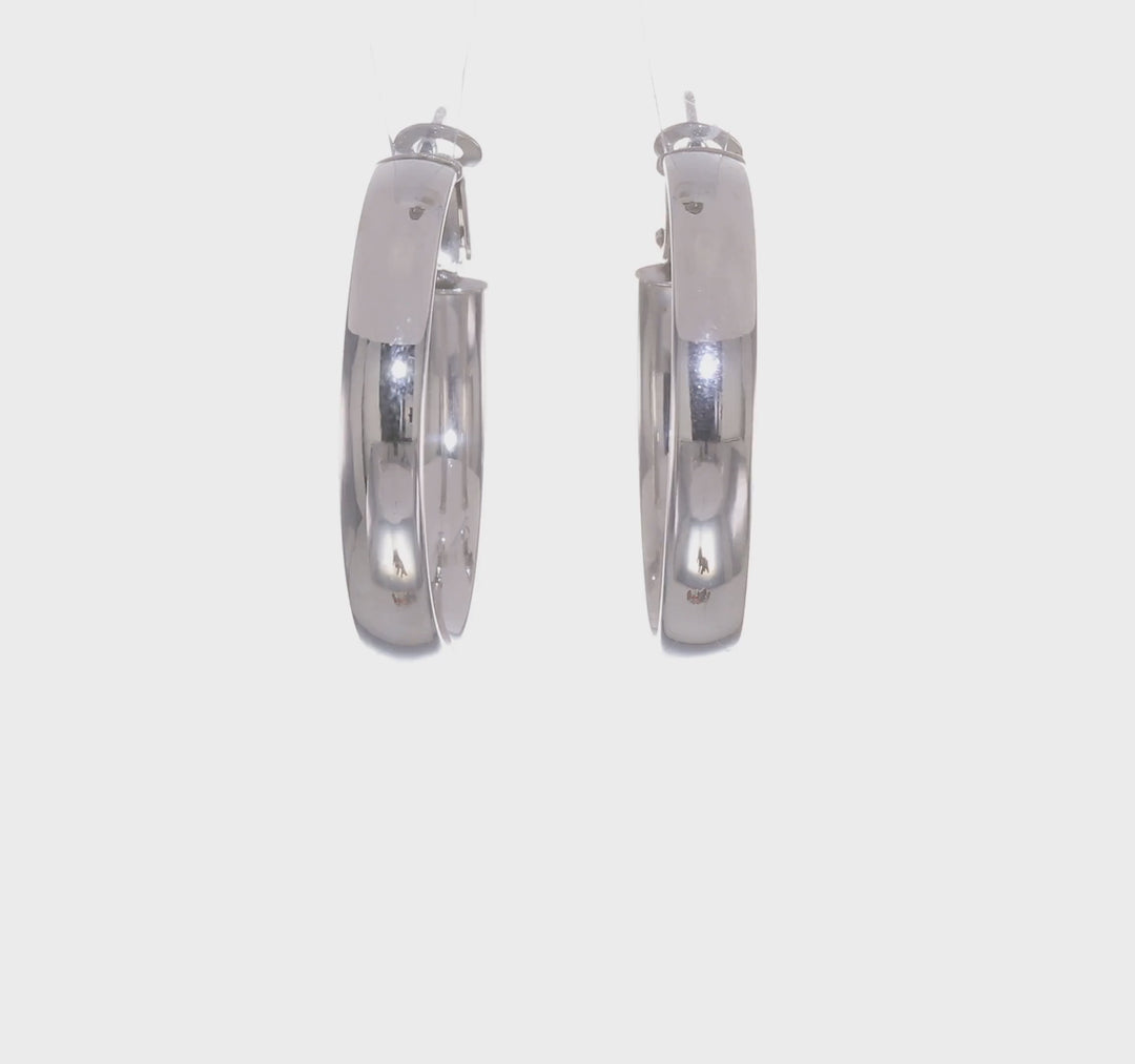 14K White Gold Radiant High Polished 30mm Flat Tube Omega Hoops