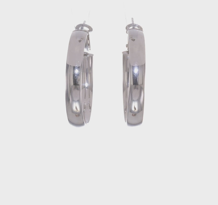 14K White Gold Radiant High Polished 30mm Flat Tube Omega Hoops