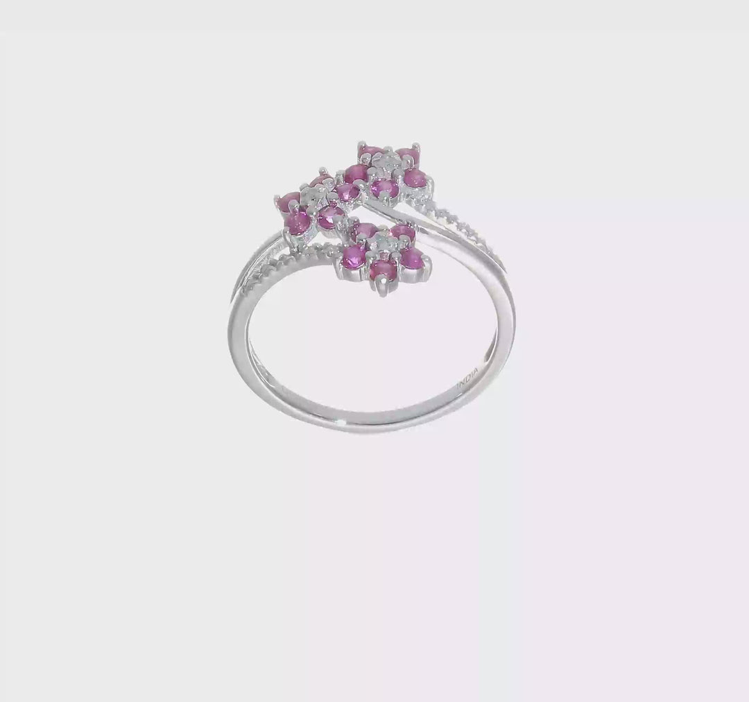Sterling Silver 3 Flower Ruby and Diamond Ring, video