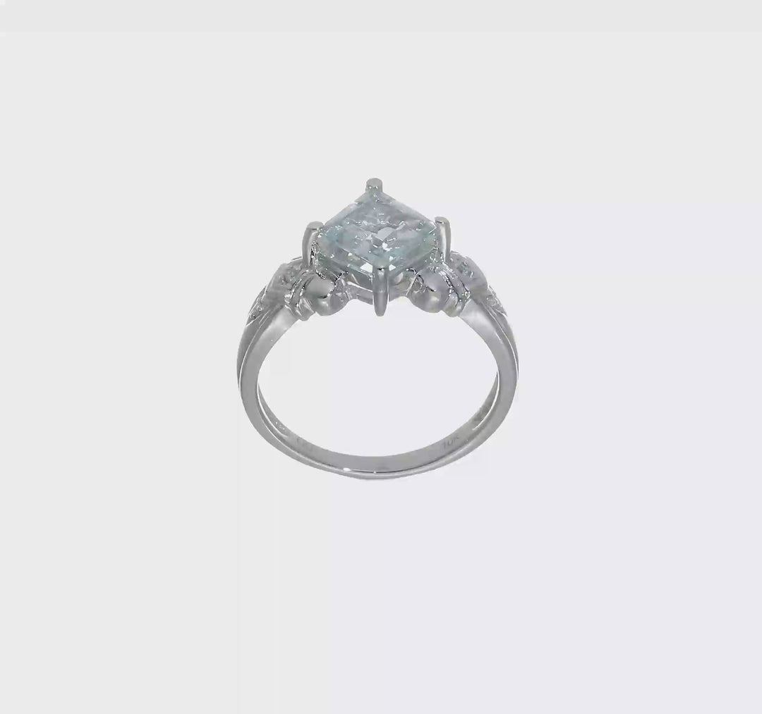 10k White Gold 6mm Princess Aquamarine and Diamond Ring, video